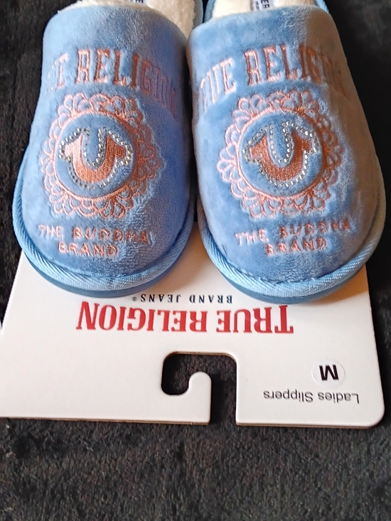 True Religion Shoes - True Religion Sky Blue & Pink Plush Slip-On House Slippers Women's Size M New